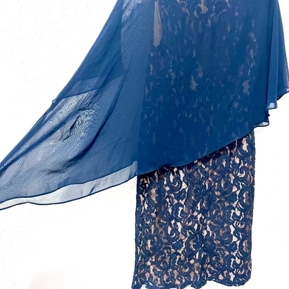 Adrianna Papell navy blue asymetrical overlay draped Dress 12 - Picture 12 of 12